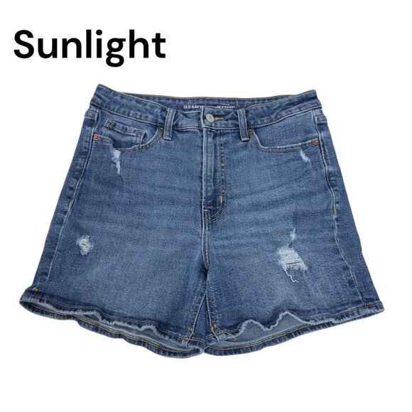 Old Navy Womens High-Rise OG Straight Denim Shorts Size 10 Blue Distressed - Picture 1 of 12